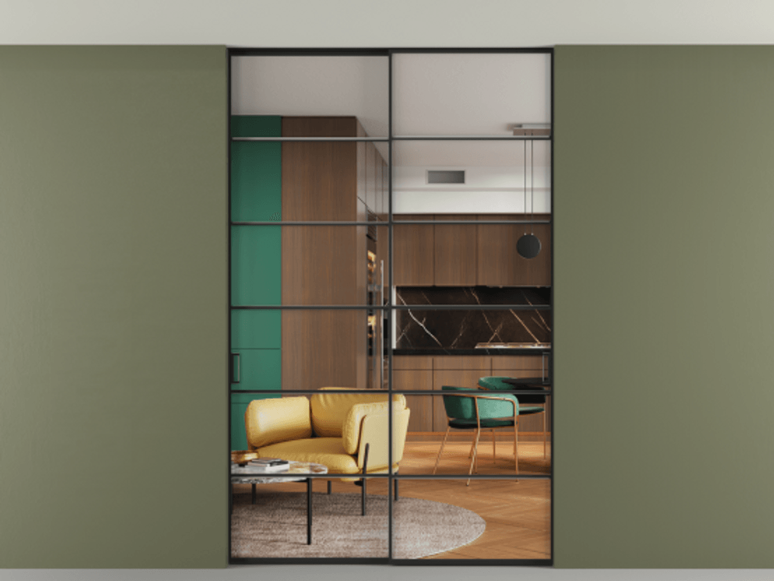 Перегородка Формато внутри проёма скрытое крепление в потолок 2 створки АЛПР 040.04 Алюминий Черный Прозрачное стекло "Кристал Вижн", калёное Цена 329570 ₽ | Volhovec