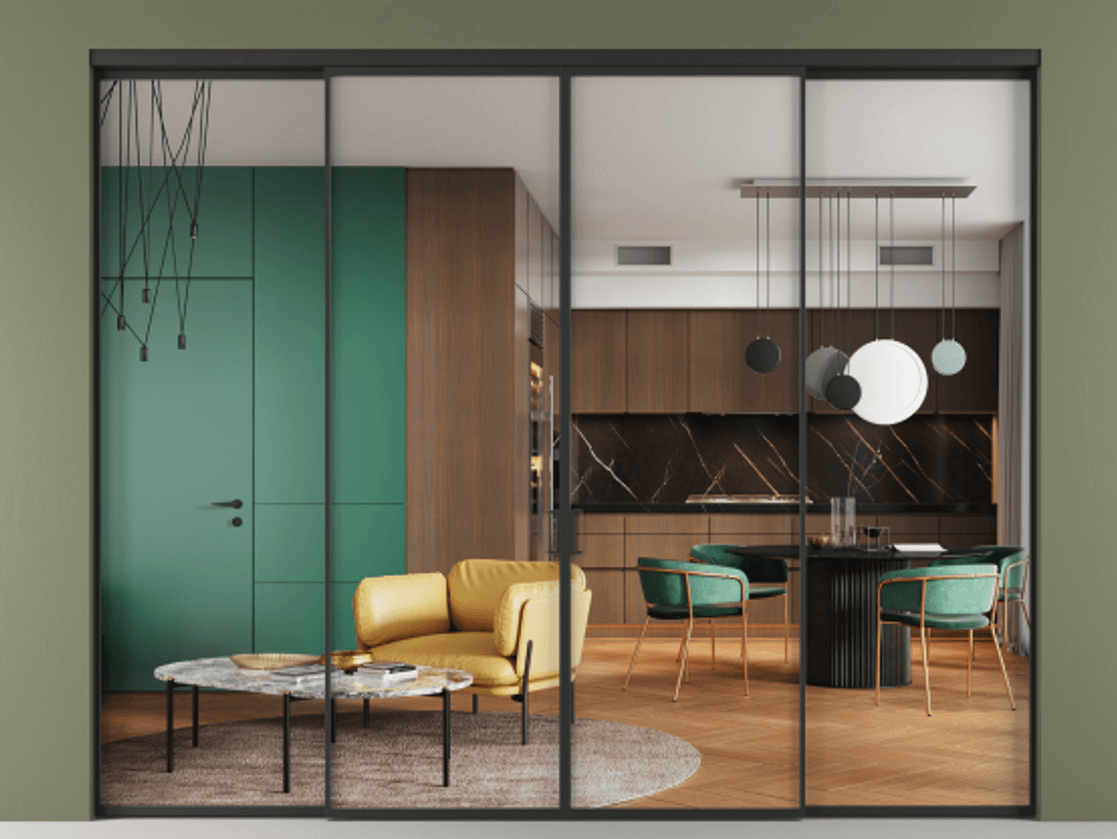 Перегородка Формато внутри проёма 4 створки АЛПР 040.01 Алюминий Черный Прозрачное стекло "Кристал Вижн", калёное Цена 412020 ₽  | Volhovec