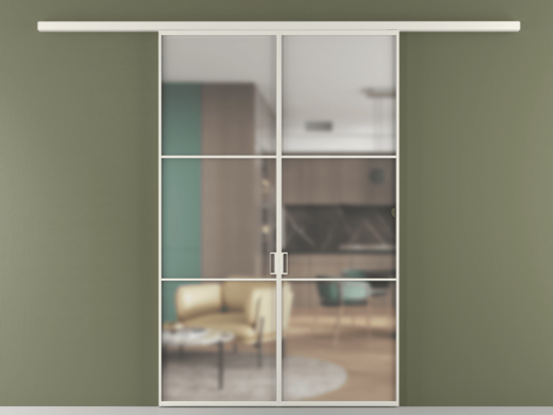 Перегородка Формато вдоль стены 2 створки АЛПР 040.03 Алюминий Белый Сатинированное стекло "Мателюкс Кристал Вижн", калёное, матовое, каленое 6 мм Цена 251690 ₽ | Volhovec