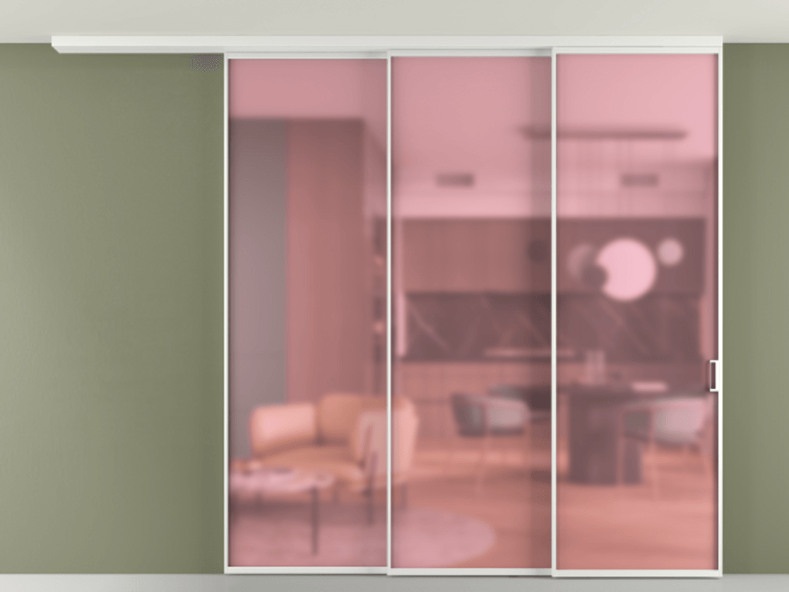 Перегородка Формато вдоль стены на потолок 3 створки с синхронным механизмом АЛПР 040.01 Алюминий белоснежный Сатинированное розовое стекло, триплекс Цена 401210 ₽ | Volhovec