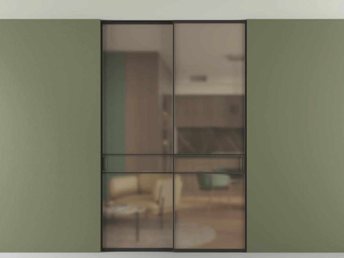 Перегородка Формато внутри проёма скрытое крепление в потолок 2 створки АЛПР 040.02 Алюминий антрацит Сатинированное бронзовое стекло, триплекс Цена 304000 ₽ | Volhovec