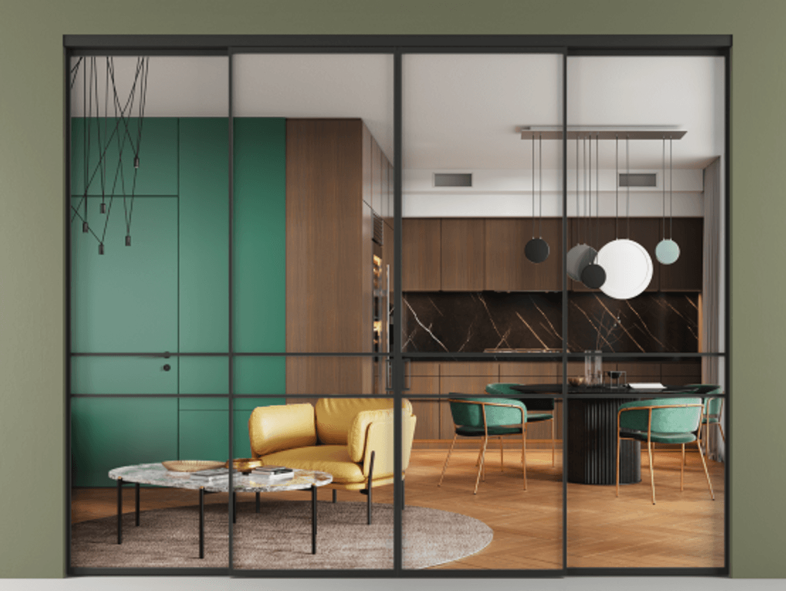 Перегородка Формато внутри проёма 4 створки АЛПР 040.02 Алюминий Черный Прозрачное стекло "Кристал Вижн", калёное Цена 433860 ₽  | Volhovec