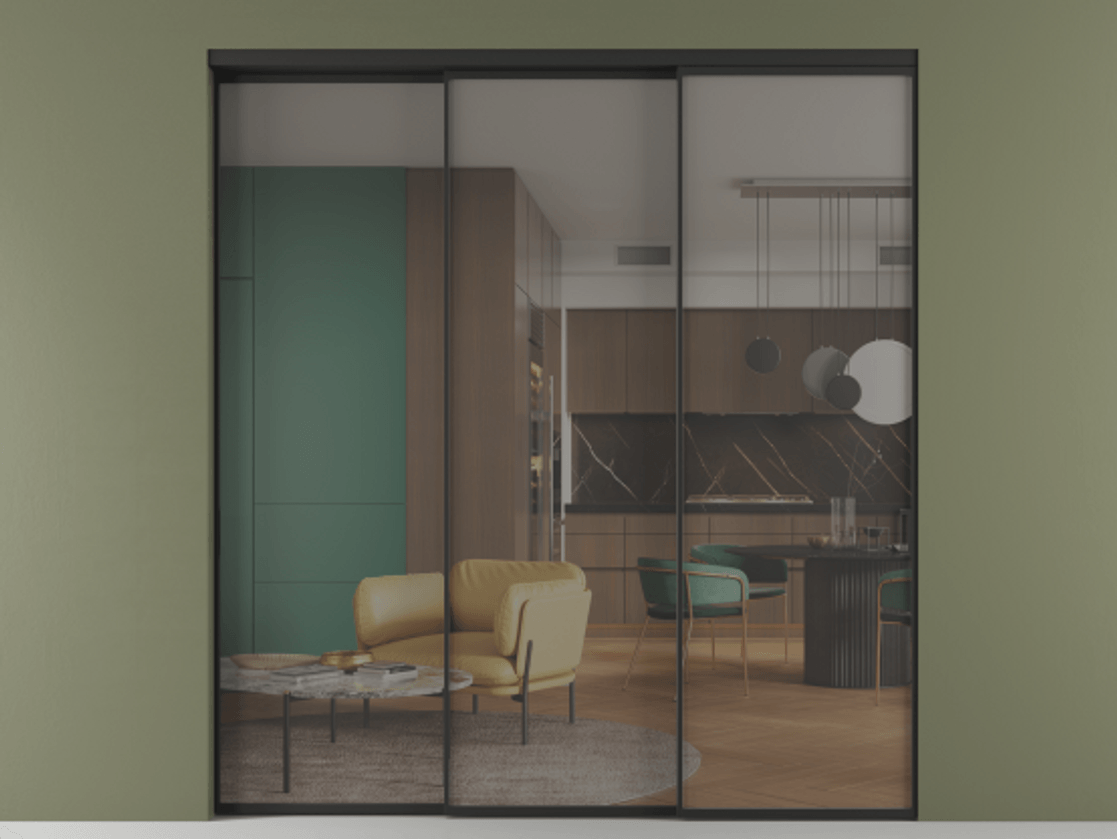 Перегородка Formato внутри проёма телескопик синхро 2 АЛПР 040.01 Алюминий Черный Прозрачное серое стекло, триплекс, 6 мм. Скрытый короб ЧЕР Цена 312900 ₽ 1. Полотно 3 шт.  (800/2100 мм)
2. Комплект установки раздвижной системы
3. Базовый комплект фурнитуры
4. Комплект фурнитуры телескопик синхро-2
5.Ручка RONDO
. Фабрика дверей Волховец 8 (800) 551 43 19  Перегородка Formato внутри проёма телескопик синхро 2 АЛПР 040.01 Алюминий Черный Прозрачное серое стекло, триплекс, 6 мм Цена 312900 ₽  | Volhovec