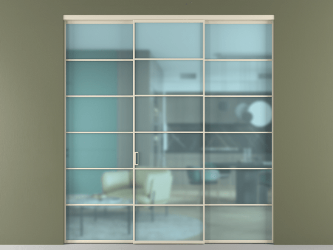 Перегородка Формато внутри проёма 3 створки АЛПР 040.04 Алюминий бежево-серый Сатинированное голубое стекло, триплекс Цена 280620 ₽ | Volhovec