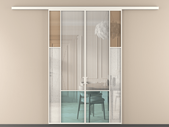 Алюминевая перегородка vd2_6 Алюминий пудровый белый Четыре стекла. Цвет Алюминий пудровый белый. Материал Алюминий в эмали. Коллекция Перегородка Mosaic вдоль стены 2 створки. Картинка.