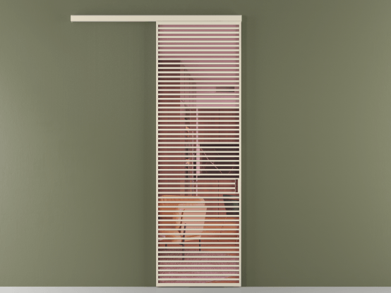 Алюминевая перегородка vd1_07_ Алюминий бежево-серый Прозрачное розовое стекло, триплекс, 6мм. Цвет Алюминий бежево-серый. Материал Алюминий в эмали. Коллекция Перегородка Formato вдоль стены 1 створка. Картинка.