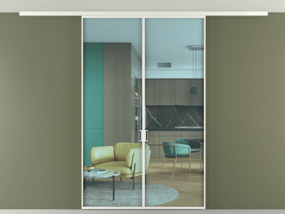 Алюминевая перегородка vd2_01 Алюминий светло-серый Прозрачное голубое стекло, триплекс, 6мм. Цвет Алюминий светло-серый. Материал Алюминий в эмали. Коллекция Перегородка Formato вдоль стены на потолок 2 створки. Картинка.