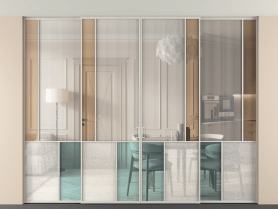 Алюминевая перегородка vntp4_3 Алюминий тёплый серый Четыре стекла. Цвет Алюминий тёплый серый. Материал Алюминий в эмали. Коллекция Перегородка Mosaic внутри проёма скрытое крепление в потолок 4 створки. Картинка.