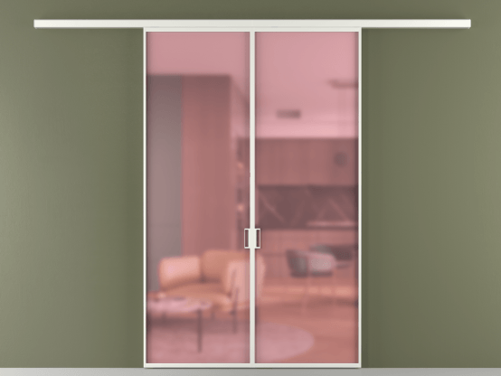 Алюминевая перегородка vd2_01_ Алюминий светло-серый Сатинированное розовое стекло, триплекс, 6мм. Цвет Алюминий светло-серый. Материал Алюминий в эмали. Коллекция Перегородка Формато вдоль стены 2 створки. Картинка.