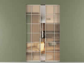 Алюминевая перегородка skr2_05_ Алюминий бежево-серый Сатинированное оранжевое стекло, триплекс, 6мм. Цвет Алюминий бежево-серый. Материал Алюминий в эмали. Коллекция Перегородка Formato скрытый пенал 2 створки. Картинка.