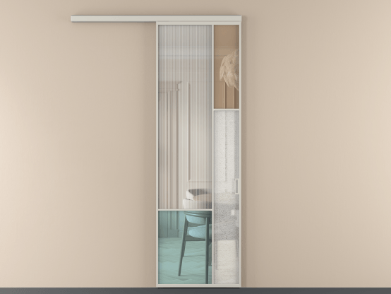 Алюминевая перегородка vd1_8 Алюминий тёплый серый Четыре стекла. Цвет Алюминий тёплый серый. Материал Алюминий в эмали. Коллекция Перегородка Mosaic вдоль стены 1 створка. Картинка.