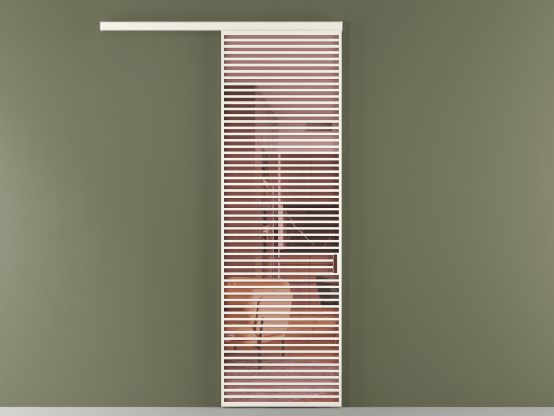 Алюминевая перегородка vd1_07_ Алюминий пудровый белый Прозрачное розовое стекло, триплекс, 6мм. Цвет Алюминий пудровый белый. Материал Алюминий в эмали. Коллекция Перегородка Formato вдоль стены 1 створка. Картинка.